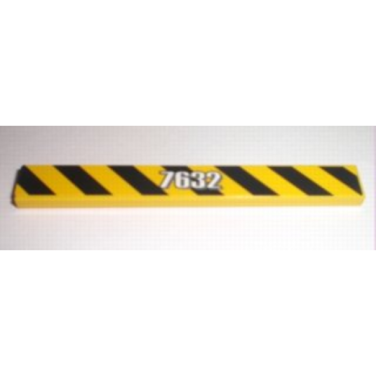 Tile 1 x 8 with White '7632' on Black and Yellow Danger Stripes Pattern (Sticker) - Set 7632