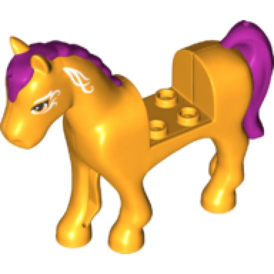 Horse with 2 x 2 Cutout, Bright Light Orange Eyes, White Face Decoration, Magenta Mane and Tail Pattern