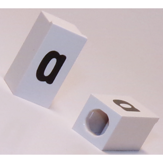 Tile, Modified 1 x 2 x 5/6 with Stud Hole in End and Black 'a' Lower Case Pattern
