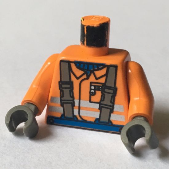 Torso Town Construction Brown Suspenders, Shirt, Safety Stripes Pattern / Orange Arms / Dark Gray Hands