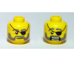Minifigure, Head Dual Sided Eyepatch and Gray Beard Closed Mouth / Open Mouth Scared Pattern - Blocked Open Stud