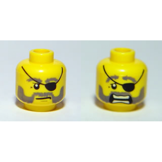 Minifigure, Head Dual Sided Eyepatch and Gray Beard Closed Mouth / Open Mouth Scared Pattern - Blocked Open Stud