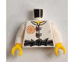Torso Ninjago Dark Orange Flower Medallion and Toggle Buttons, Black Sash, Pipe on Back Pattern / White Arms / Yellow Hands