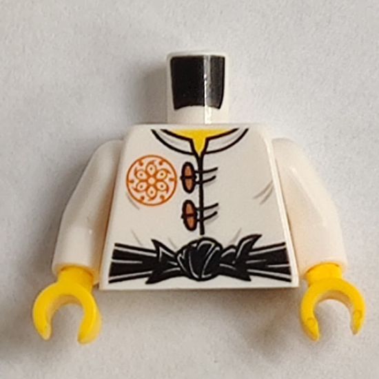 Torso Ninjago Dark Orange Flower Medallion and Toggle Buttons, Black Sash, Pipe on Back Pattern / White Arms / Yellow Hands