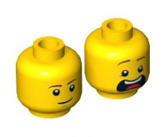 Minifigure, Head Dual Sided Brown Eyebrows, White Pupils, Slight Smile and Cleft Chin / Open Mouth Scared Pattern (McScrubs) - Hollow Stud