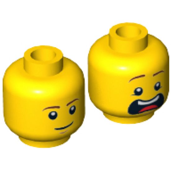 Minifigure, Head Dual Sided Brown Eyebrows, White Pupils, Slight Smile and Cleft Chin / Open Mouth Scared Pattern (McScrubs) - Hollow Stud
