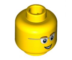 Minifigure, Head Glasses with Gray Frame Sides, Brown Eyebrows and Open Smile Pattern - Blocked Open Stud