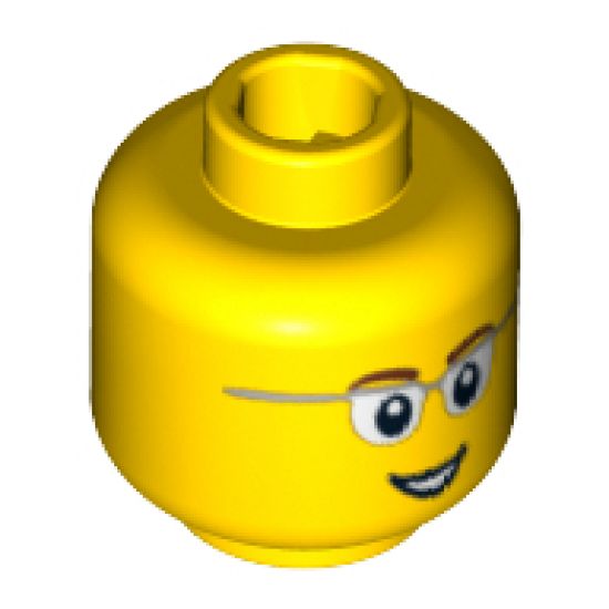 Minifigure, Head Glasses with Gray Frame Sides, Brown Eyebrows and Open Smile Pattern - Blocked Open Stud