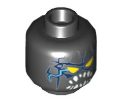 Minifigure, Head Alien with Yellow Triangular Eyes, Blue Lightning on Front and Back, Pointed White Teeth Pattern - Hollow Stud