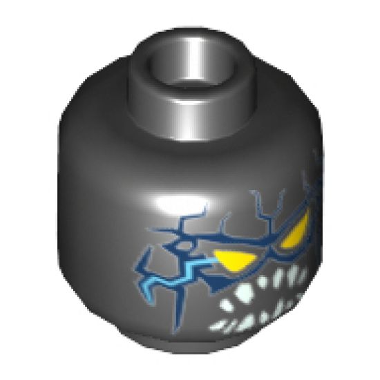 Minifigure, Head Alien with Yellow Triangular Eyes, Blue Lightning on Front and Back, Pointed White Teeth Pattern - Hollow Stud