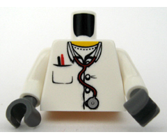 Torso Hospital Lab Coat, Open Collar, Stethoscope, Pocket Pen and Thermometer Pattern / White Arms / Dark Bluish Gray Hands