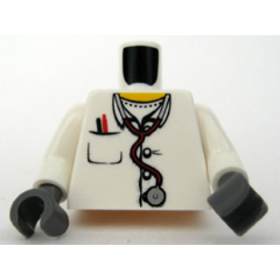 Torso Hospital Lab Coat, Open Collar, Stethoscope, Pocket Pen and Thermometer Pattern / White Arms / Dark Bluish Gray Hands