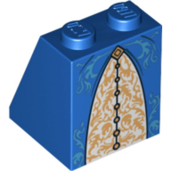 Slope 65 2 x 2 x 2 with Bottom Tube with Minifigure Dress/Skirt/Robe, Gold and Medium Blue Trimmed Pattern