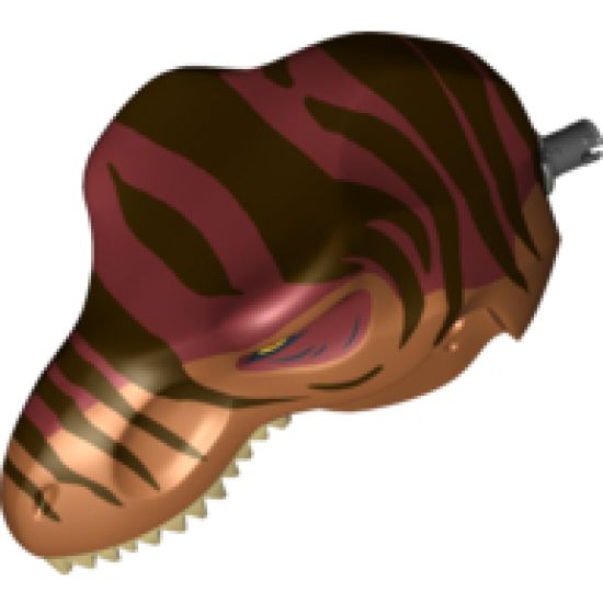 Animal, Body Part Dinosaur Head Tyrannosaurus rex with Pin, Tan Teeth, Dark Red Top and Dark Brown Stripes Pattern