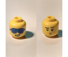 Minifigure, Head Dual Sided Blue Slotted Sunglasses, Lopsided Smile with Teeth / Left Raised Eyebrow, Small Mouth with Lips Pattern - Hollow Stud
