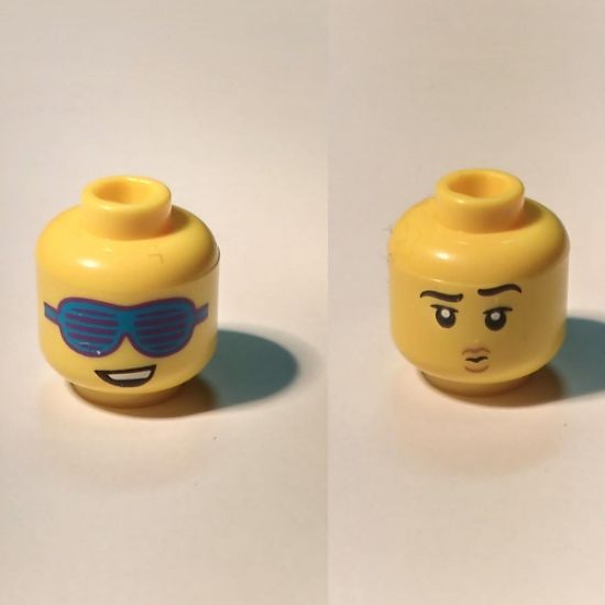 Minifigure, Head Dual Sided Blue Slotted Sunglasses, Lopsided Smile with Teeth / Left Raised Eyebrow, Small Mouth with Lips Pattern - Hollow Stud