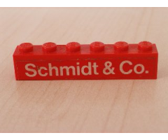 Brick 1 x 6 with White 'Schmidt & Co.' Text on Red Background Pattern (Sticker) - Set 1601