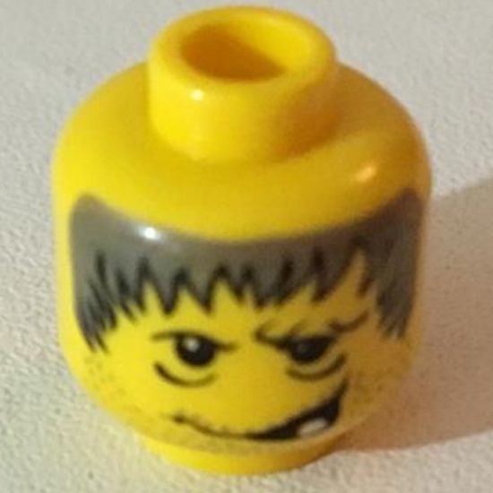 Minifigure, Head Male Gray Spiky Hair, Stubble, One Tooth Smirk Pattern (Hunchback) - Blocked Open Stud