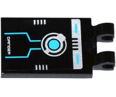 Tile, Modified 2 x 3 with 2 Clips with 'DANGER' and Silver and Medium Azure Circuitry Pattern (Sticker) - Set 70173
