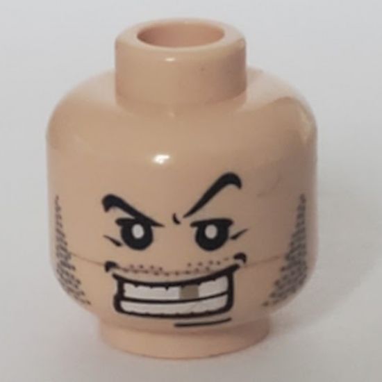Minifigure, Head Male Arched Eyebrow, White Teeth with Gold Tooth, Fine Stubble and Line under Mouth Pattern - Blocked Open Stud