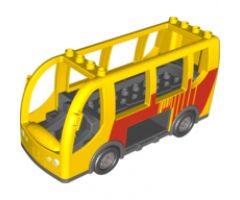 Duplo Bus with Dark Bluish Gray Chassis and Flat Silver Wheels, with Red Bus Silhouette and Broken Stripe Pattern