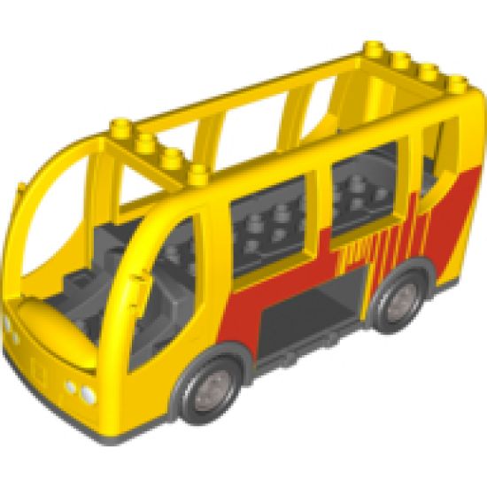 Duplo Bus with Dark Bluish Gray Chassis and Flat Silver Wheels, with Red Bus Silhouette and Broken Stripe Pattern