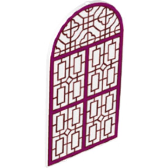 Glass for Door Frame 1 x 6 x 7 Rounded Pillars with Top Arch and Notches with Dark Pink Panes and Ornate Lines Pattern