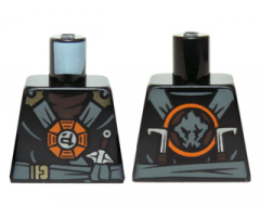 Torso Ninjago Dark Bluish Gray and Gold Straps and Belt, Round Emblem, Weapons and Dark Brown Undershirt Pattern