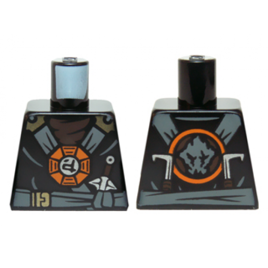 Torso Ninjago Dark Bluish Gray and Gold Straps and Belt, Round Emblem, Weapons and Dark Brown Undershirt Pattern
