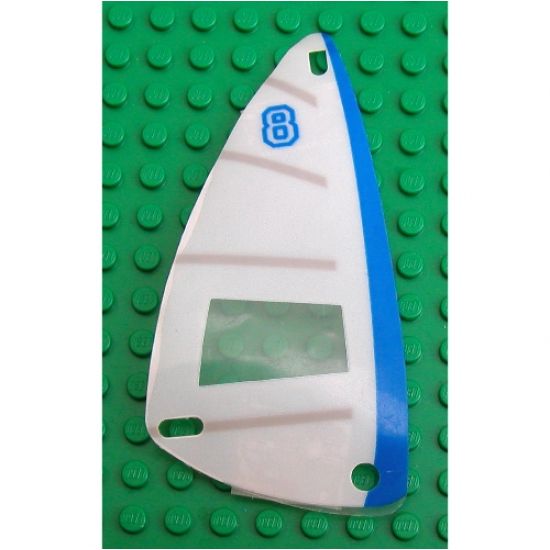 Plastic Part for Set 6351 - White Sail with Trans-Clear Window, Light Gray Stripes, Blue Spine, and Number 8 Pattern
