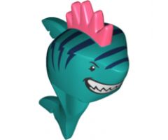 Minifigure, Head, Modified Shark with Coral Spiked Hair, Fin, Tail, Dark Blue Stripes and Wide Grin with Teeth Pattern