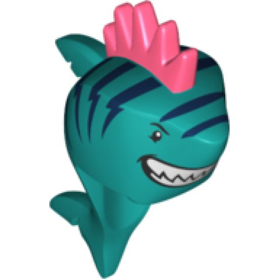 Minifigure, Head, Modified Shark with Coral Spiked Hair, Fin, Tail, Dark Blue Stripes and Wide Grin with Teeth Pattern