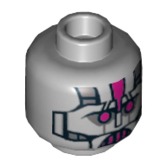 Minifigure, Head Alien with Robot Magenta Eyes and Mouth and Metal Plates Pattern - Hollow Stud