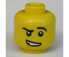 Minifigure, Head Black Eyebrows, Raised Left Eyebrow, White Pupils, Crooked Open Smile with Teeth Pattern - Hollow Stud
