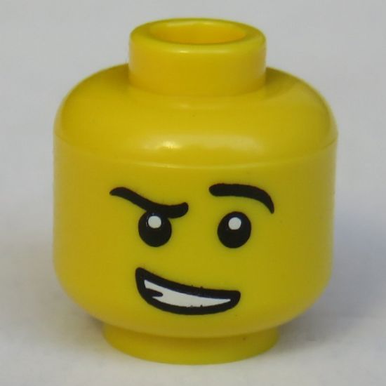 Minifigure, Head Black Eyebrows, Raised Left Eyebrow, White Pupils, Crooked Open Smile with Teeth Pattern - Hollow Stud