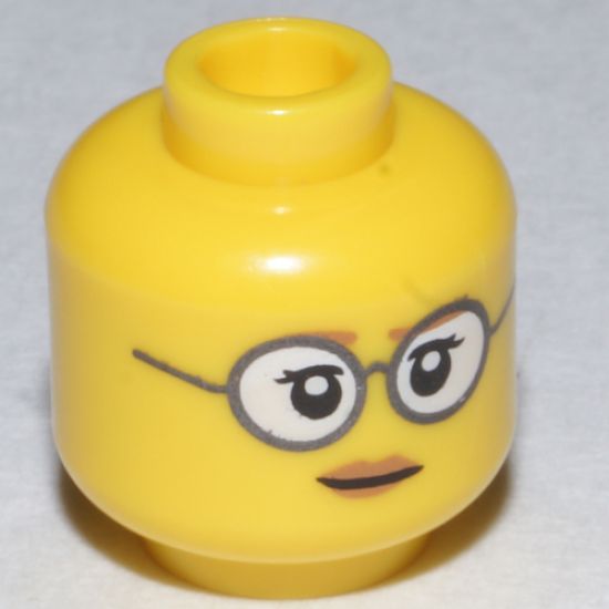Minifigure, Head Female Glasses Gray Frames and White Lenses, Eyelashes, Pale Brown Lips Pattern - Hollow Stud