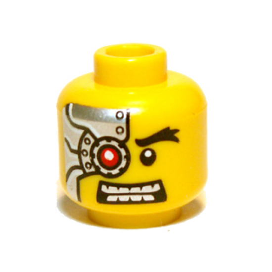 Minifigure, Head Alien with Mechanical Right Eye Red, Silver Head Plate Pattern - Blocked Open Stud