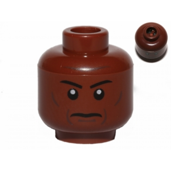 Minifigure, Head Grim Face with Cheek Lines, Thin Eyebrows and White Pupils Pattern - Blocked Open Stud