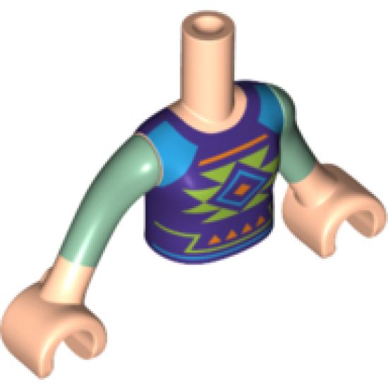 Mini Doll, Torso Friends Girl Dark Purple Shirt and Dark Azure Shoulders with Geometric Pattern, Light Nougat Arms with Hands with Sand Green Sleeves