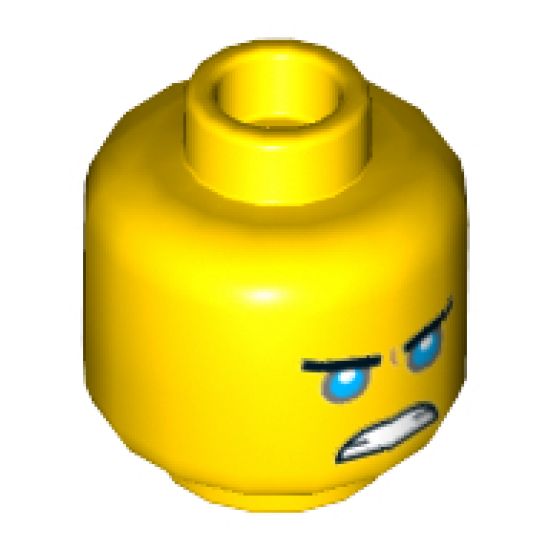 Minifigure, Head Dual Sided Black Straight Eyebrows, Medium Blue Eyes, Smile / Scowl Pattern - Hollow Stud