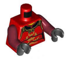 Torso Samurai Armor in 3 Sections, Gold Clasps and Trim and Horns, Visor and Crossed Swords Pattern / Dark Red Arms / Black Hands