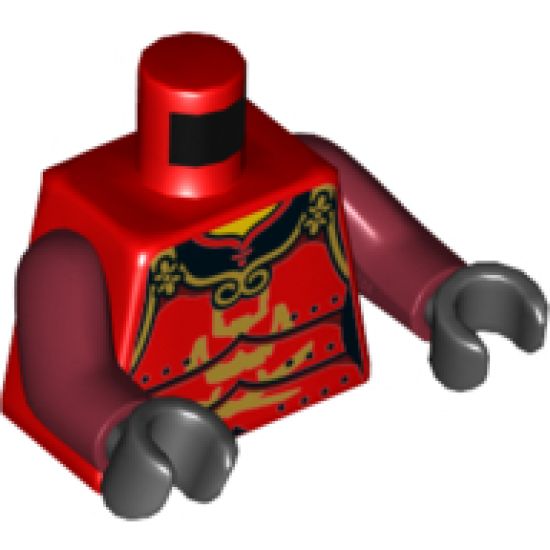 Torso Samurai Armor in 3 Sections, Gold Clasps and Trim and Horns, Visor and Crossed Swords Pattern / Dark Red Arms / Black Hands