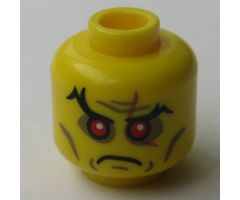 Minifigure, Head Black Eyebrows, Red Sunken Eyes, Scar over Left Eye, Cheek Lines and Wrinkles Pattern - Hollow Stud