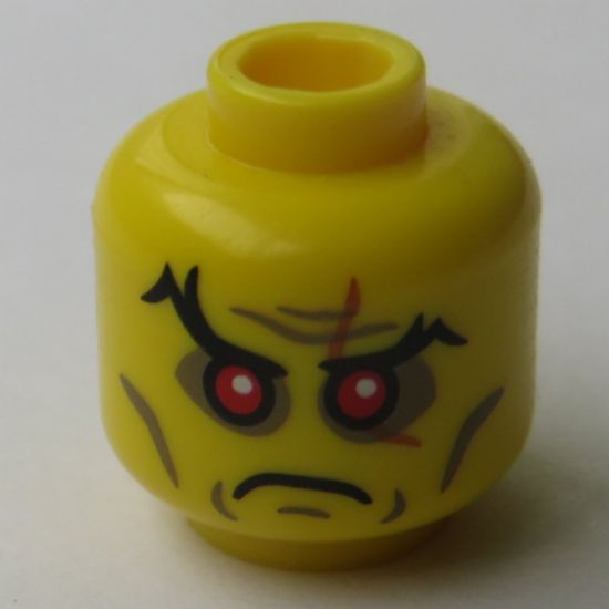 Minifigure, Head Black Eyebrows, Red Sunken Eyes, Scar over Left Eye, Cheek Lines and Wrinkles Pattern - Hollow Stud