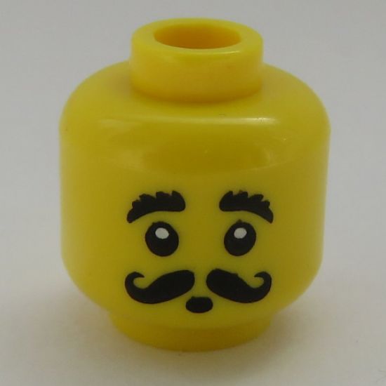 Minifigure, Head Moustache Black Curled, Bushy Eyebrows, Round Mouth Pattern - Hollow Stud