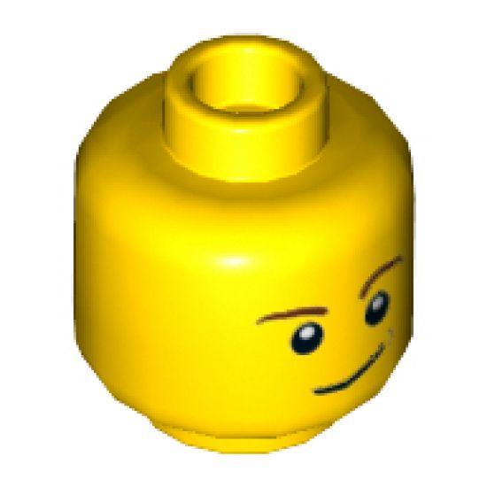 Minifigure, Head Brown Eyebrows, White Pupils, Lopsided Smile with Brown Dimple Pattern - Hollow Stud