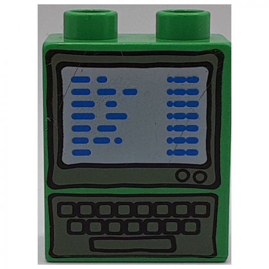 Duplo, Brick 1 x 2 x 2 with Computer Screen and Keyboard with Blue Text Pattern