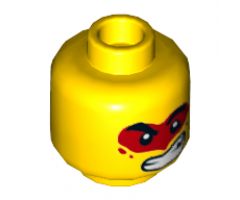Minifigure, Head Dual Sided Black Thick Eyebrows, Frown / Large Lopsided Open Mouth Grin with Teeth, Red Paint Splotch Around Eyes Pattern - Hollow Stud