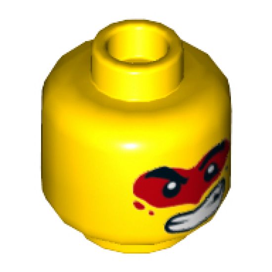 Minifigure, Head Dual Sided Black Thick Eyebrows, Frown / Large Lopsided Open Mouth Grin with Teeth, Red Paint Splotch Around Eyes Pattern - Hollow Stud