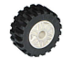 Wheel & Tire Assembly 18mm D. x 14mm with Pin Hole, Fake Bolts and Shallow Spokes with Black Tire 30.4 x 14 Offset Tread (55981 / 30391)